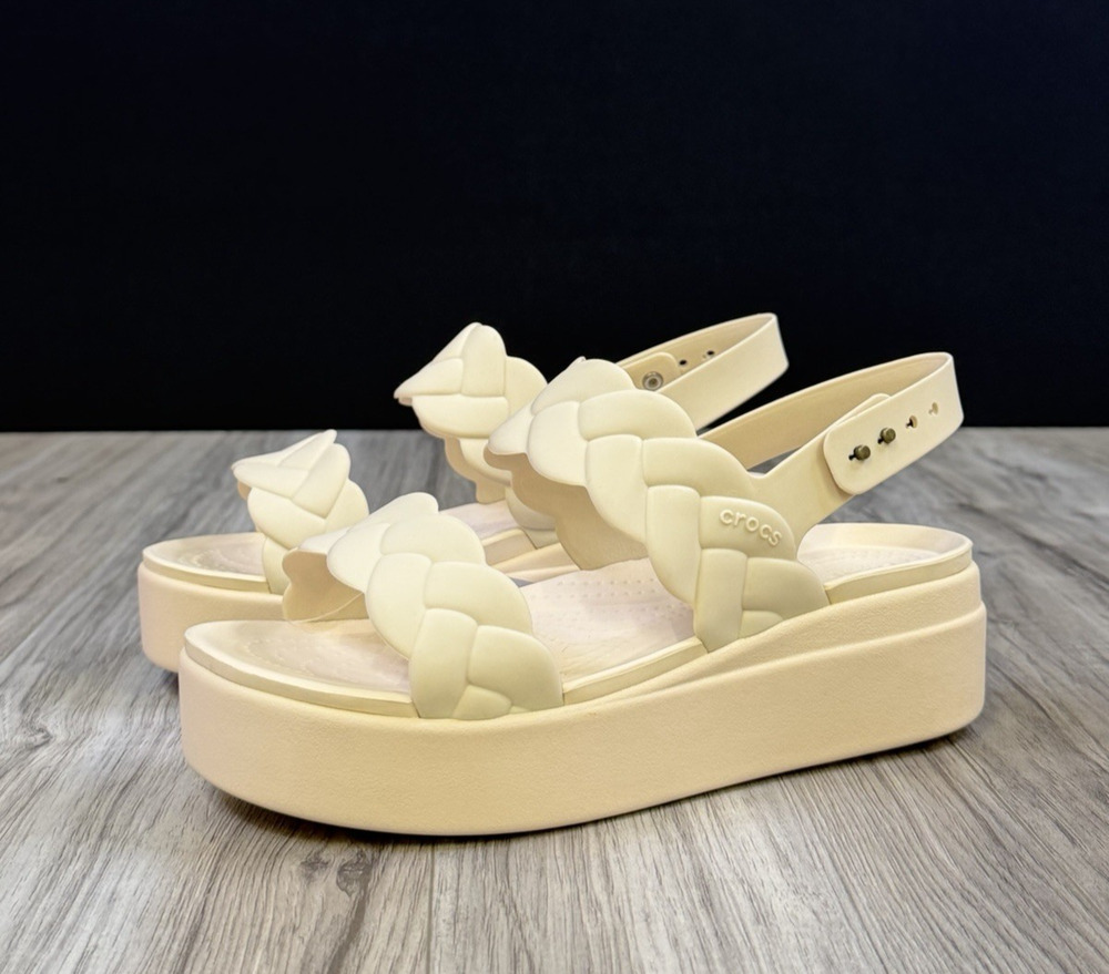Crocs Brooklyn Woven Upper Low Wedge Sandals Stucco Womens Size 8 209977-0WW NEW